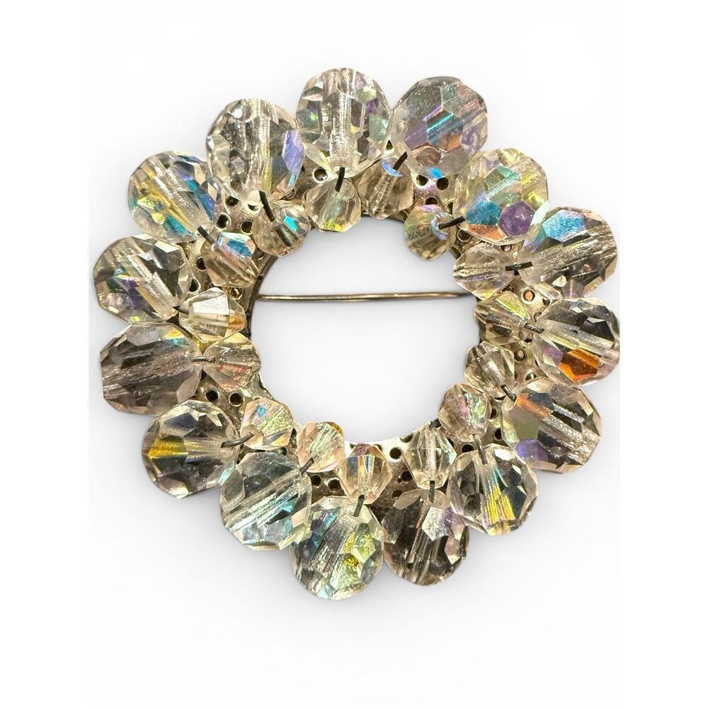 Vintage Women Clear Aurora Borealis Crystal Wreath Brooch Statement Pin